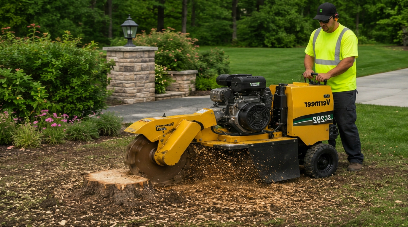 Operator running a stump grinder on a lake lot in a lush green North Dakota landscape
