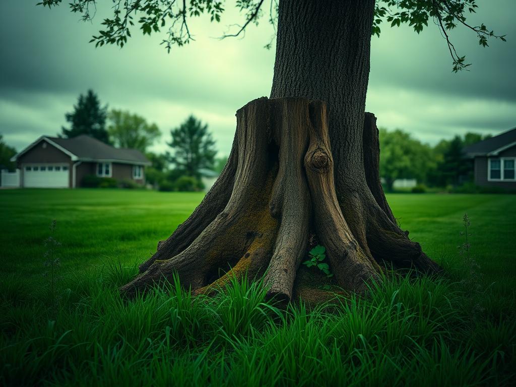 Large tree stump in a lawn before stump grinding