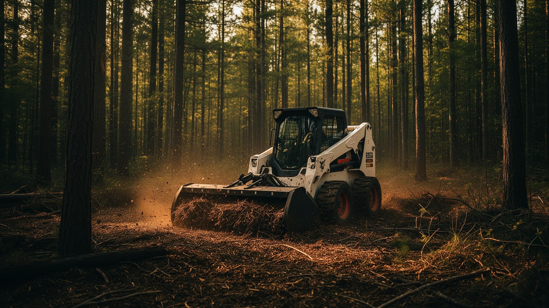 Forestry mulcher clearing pine forest