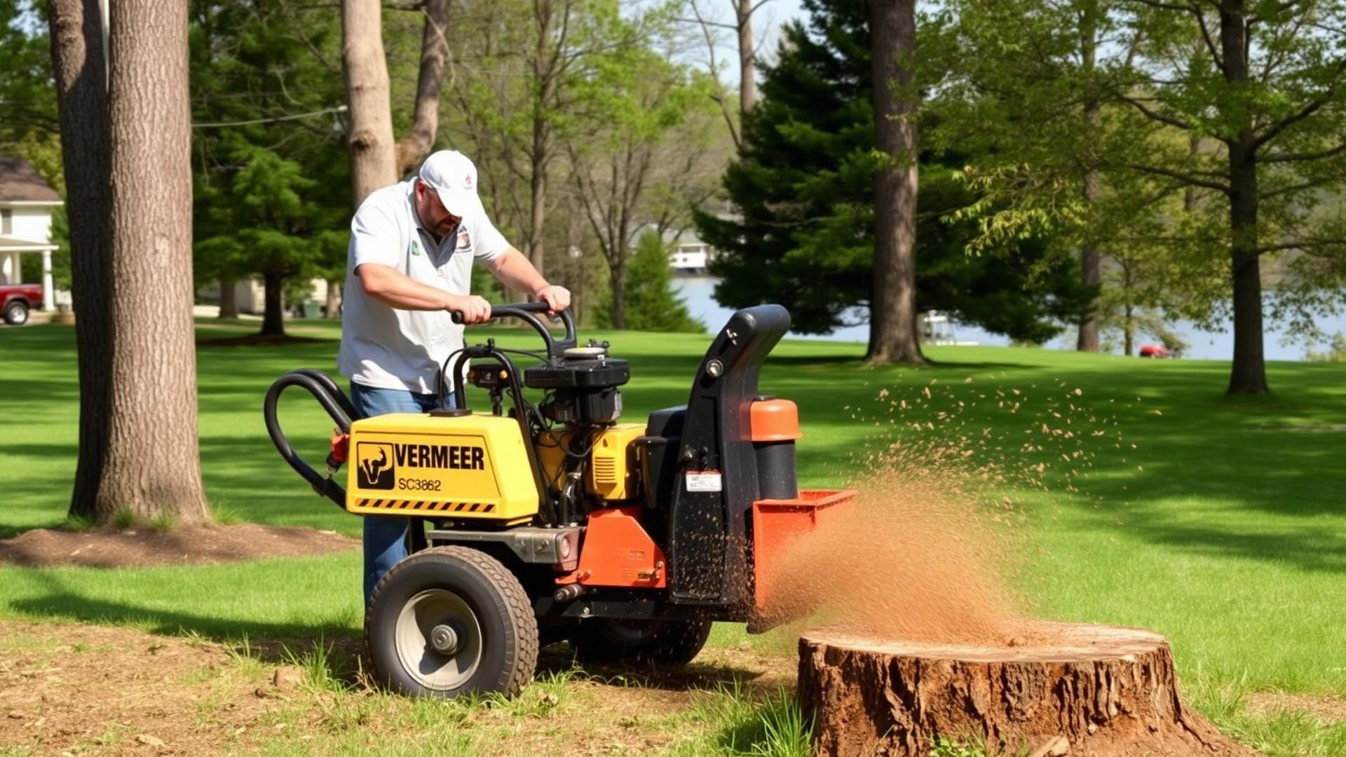Operator running a Vermeer SC362 stump grinder on a lake lot in North Dakota